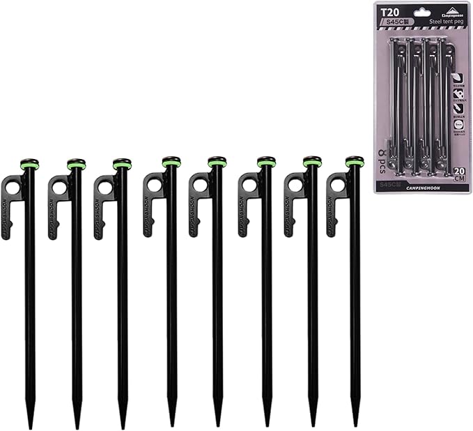 CAMPINGMOON 8pcs Carbon Steel S45C Black Coating Tent Stake for Hard Ground (【 7.87-inch 8pcs set】)