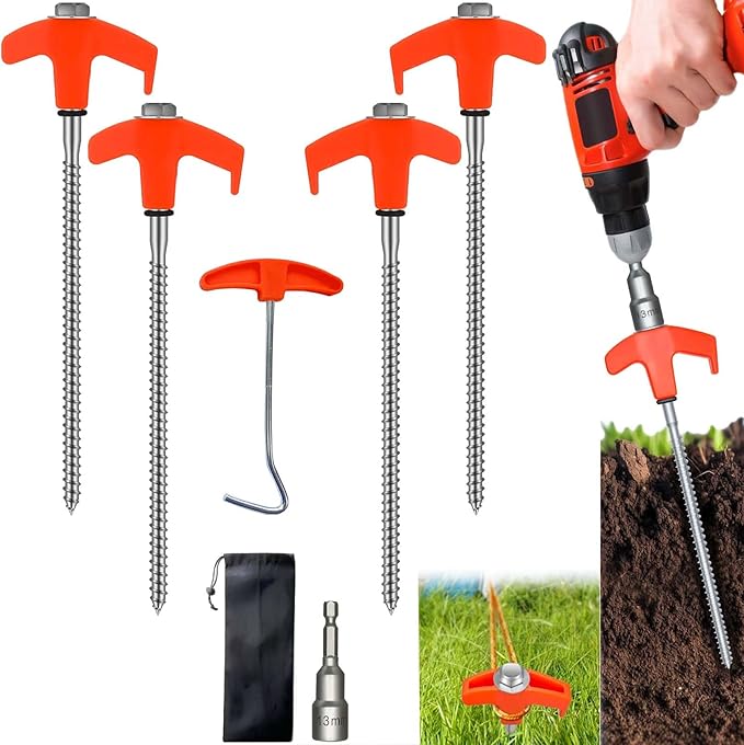4 Pack 8" Screw in Tent Stakes Heavy Duty Ground Anchors, Tent Pegs Metal Tent Spikes Camping Tent Stakes with Hex Head Driver & Nail Extractor for Outdoor, Camping, Canopy, Gardening, Beach