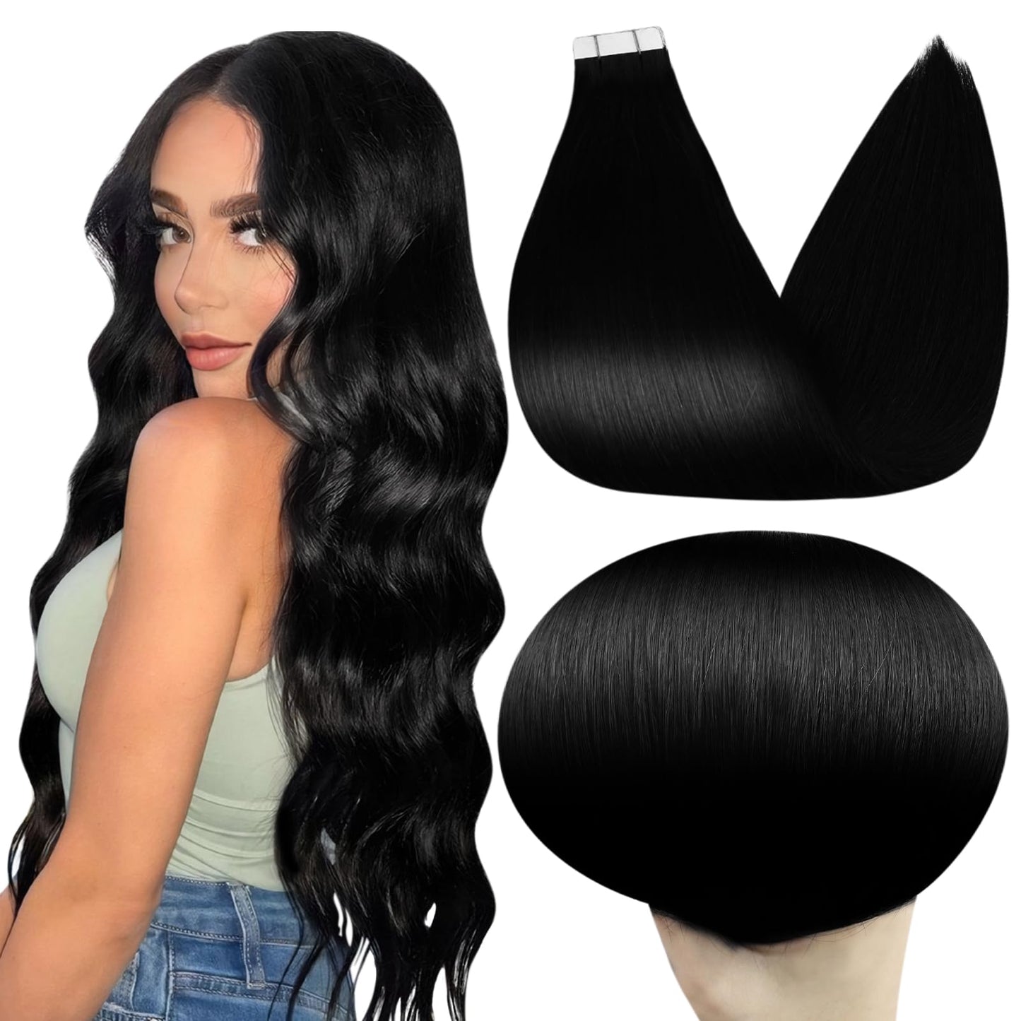 Full Shine Invisible Tape In Hair Extensions Color 1 Jet Black Tape In Hair Extensions Human Hair 16Inch Double Sided Tape Ins Extensions 100G Natural Real Hair Extension Real Human Hair 40Pcs