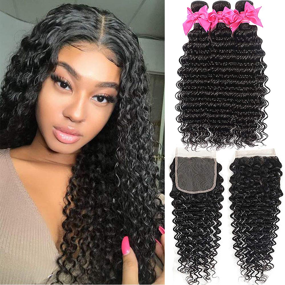 Brazilian Deep Wave Curly Virgin Human Hair Bundles with 4X4 Free Part Lace Closure Unprocessed Human Hair Extensions Natural Black (18 20 22 24+16,lace closure)