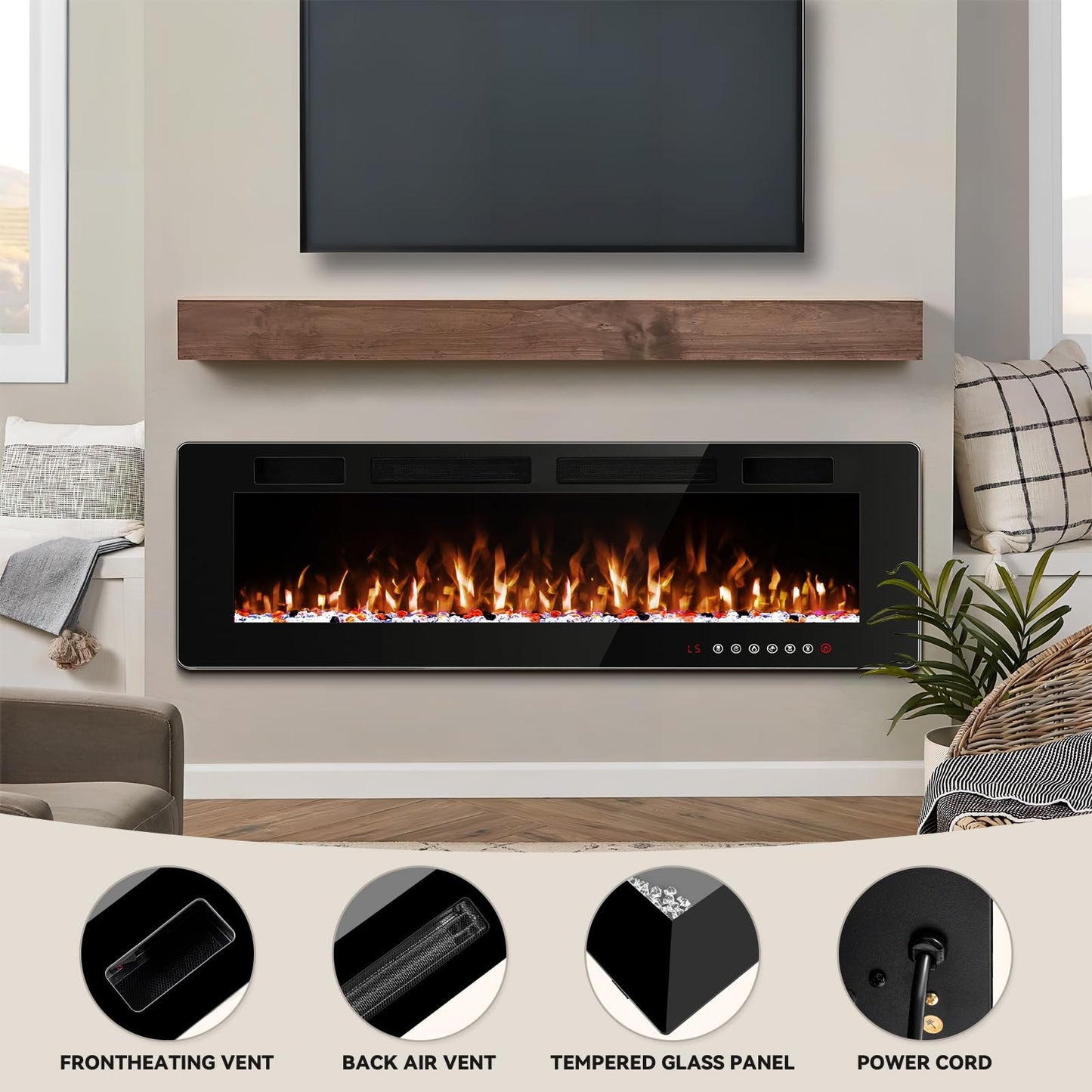 Tornivk 72 Inch Electric Fireplace Inserts Ultra-Thin Freestanding 750/1500W Electric Fireplace Heater Wall Mounted or Recessed Fireplace Electric with Adjustable Multicolor Flame,Timer