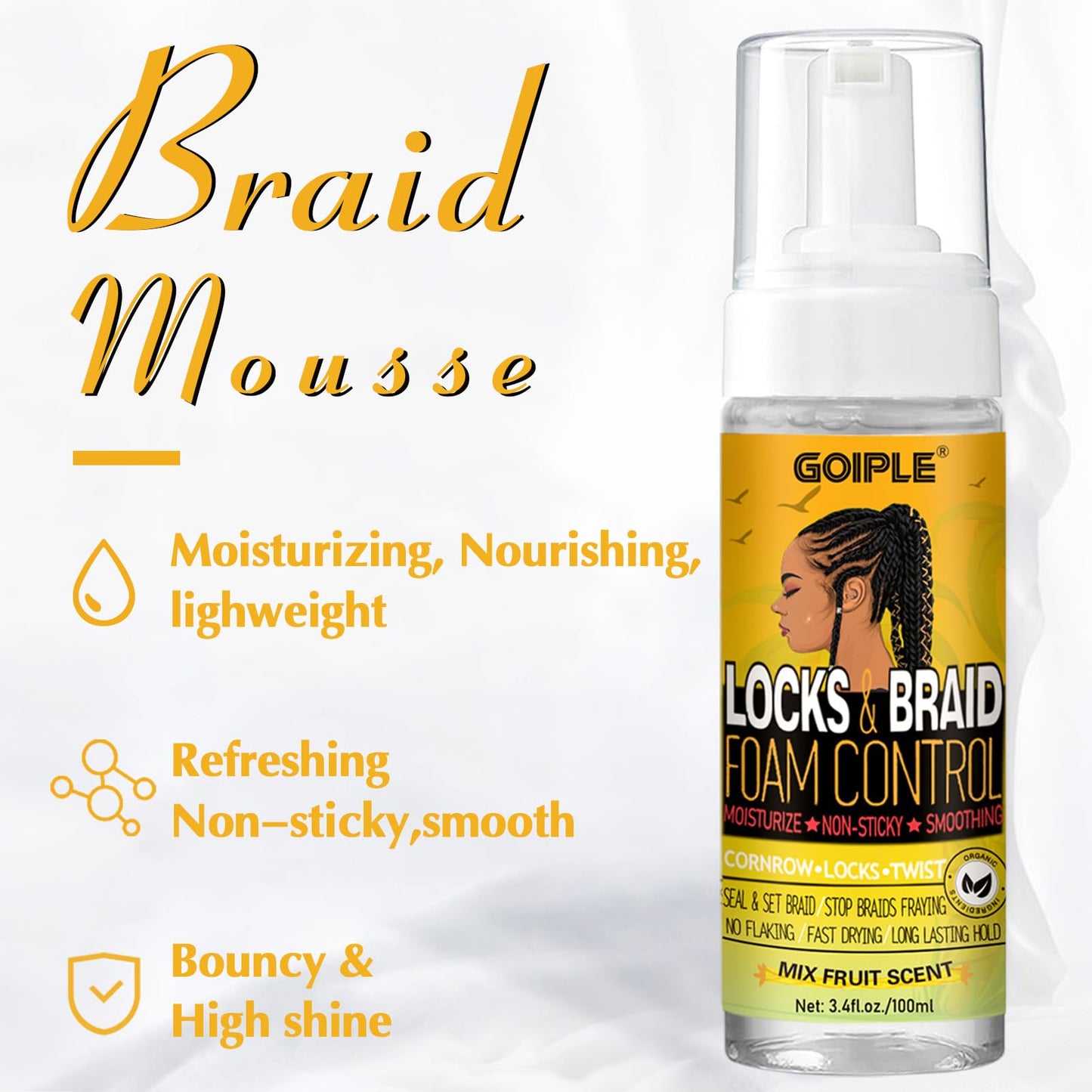 Braid Foam Control Mousse Braiding Mousse for Braids Twist, Locs, No Flake Mousse for Braids Style and Moisturizes, Rosemary Oil for Hair Growth Hair Mousse for Braids Easy to Apply with Sleep Bonnets