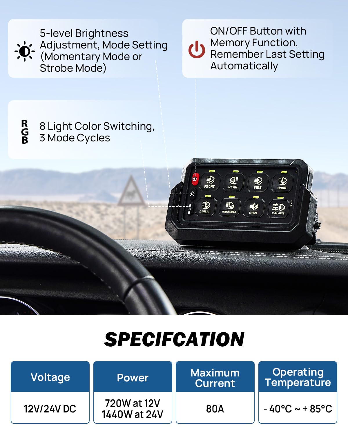 JOYTUTUS Wireless RGB 8 Gang Switch Panel 5-Level Brightness 8 Colors Universal Circuit Control Relay System Box with Toggle Momentary, Offroad Light Switch Panel Pod for Truck Boat UTV SUV Pickup