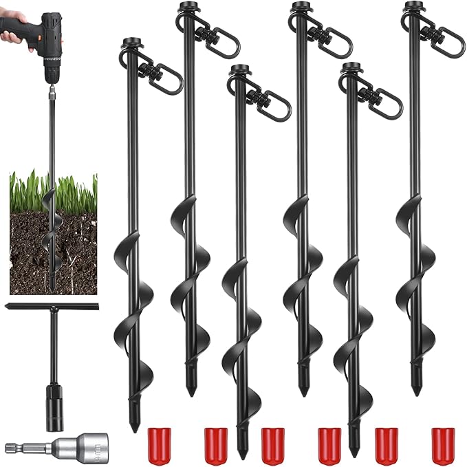 Reginary 12 Inch Tent Stakes Heavy Duty Screw in Ground Anchors High Wind Camping Stakes for Trampoline Canopy Carport Sheds Anchor Beach Sand Stakes Metal Swing Set(Black, 6 Pcs)