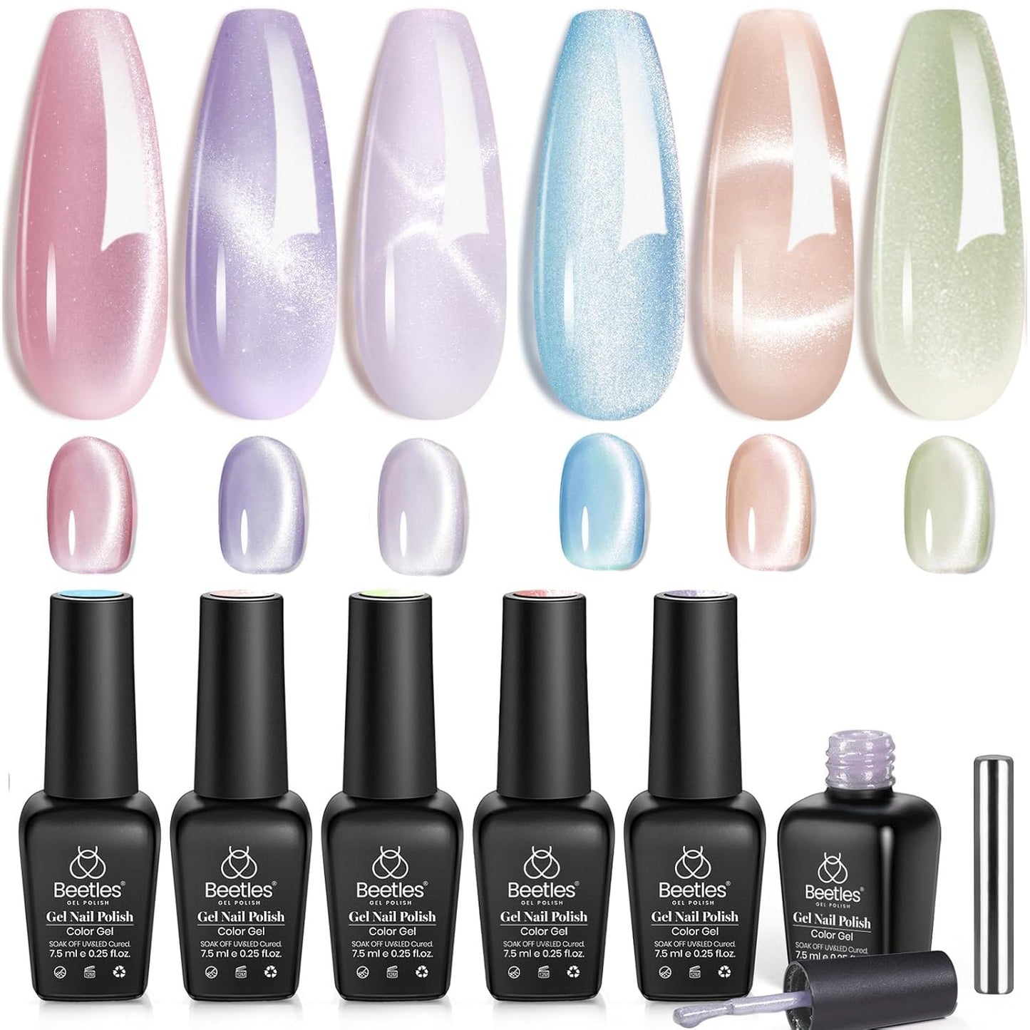 Beetles Cat Eye Gel Nail Polish Set, 6 Colors Jelly Pink Translucent Pastel Blue Purple Orange Green Glass Cat Eye Sheer Gel Polish Kit Soak Off UV Lucite Collection Manicure Gifts for Women
