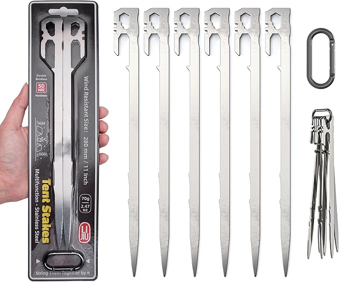 Tent Stakes 6-PCS - Camping Essentials for Tent Camper. Stainless Steel Heavy Duty Ground Stakes, Light Weight Camping Essentials, 11 inch 2.47 oz, Tent Accessories by LI JIU®