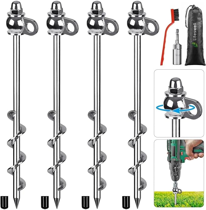 4 Pack Tent Stakes, 12 Inch Heavy Duty Ground Anchors, Full Welding, Easy to Screw in and Reusable, for Camping Tents, Trampolines, Sheds, Swing Sets, Securing Animals