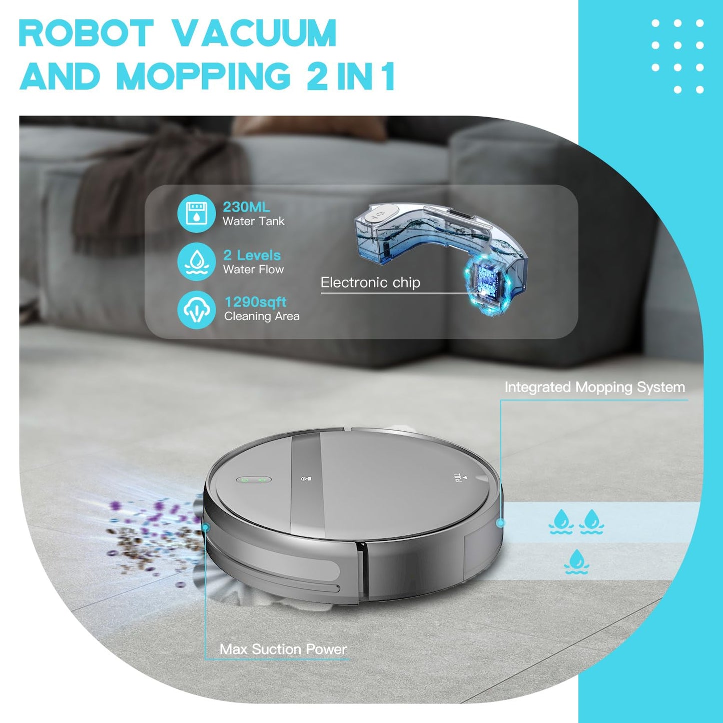 Kilgone Robot Vacuum and Mop Combo - WiFi/Alexa/App, Robotic Vacuum Cleaner, Ultra-Slim & Quiet, Tangle-Free, Auto Recharge, Multi-Surface Cleaning, Cleans Carpets, Hard Floors & Pet Hair Efficiently