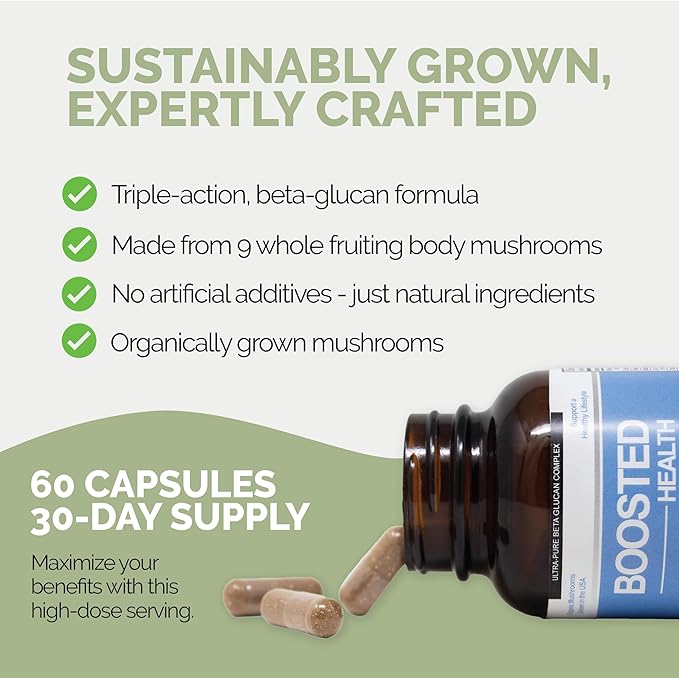 Boosted Health 9 Mushroom Complex Immune Support Supplement | Lions Mane Reishi Shiitake | Purified Beta Glucan | Brain Nootropic for Focus and Memory | Mental Clarity | Certified Organic 60 Capsules