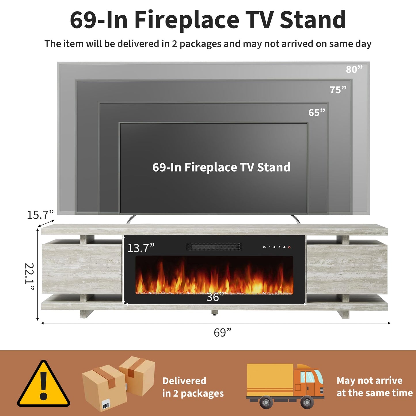 Rresyet Fireplace TV Stand with 36" Electric Fireplace, LED Light Entertainment Center, TV Cabinet for TVs Up to 80", Modern Marble Textured Storage Cabinet, TV Console for Living Room (Travertine)