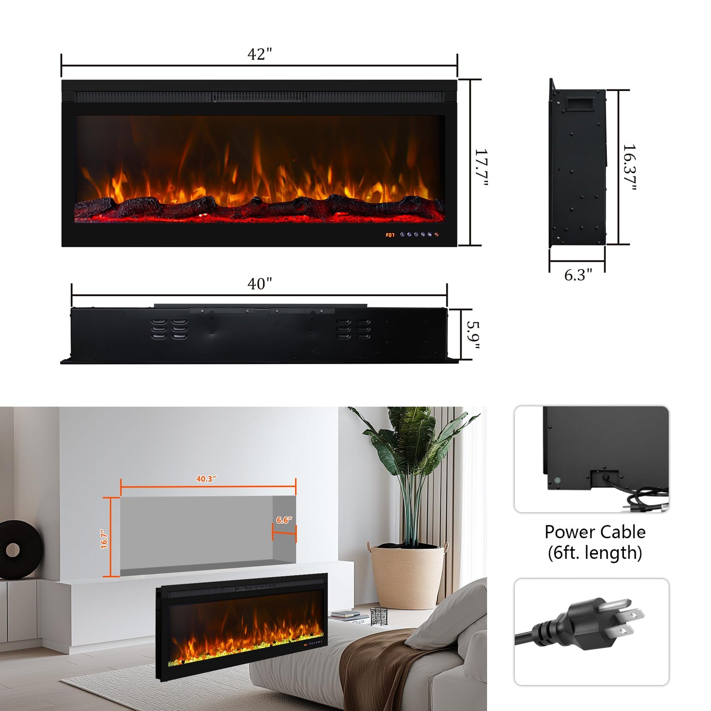 Oxhark Flame Smart 42 Inch Wall Mounted and Recessed Electric Fireplace Inserts, App & Remote & Touch Screen Control, 13X13 Flame & Fuel Bed Color Combinations, 750W/1500W, Black