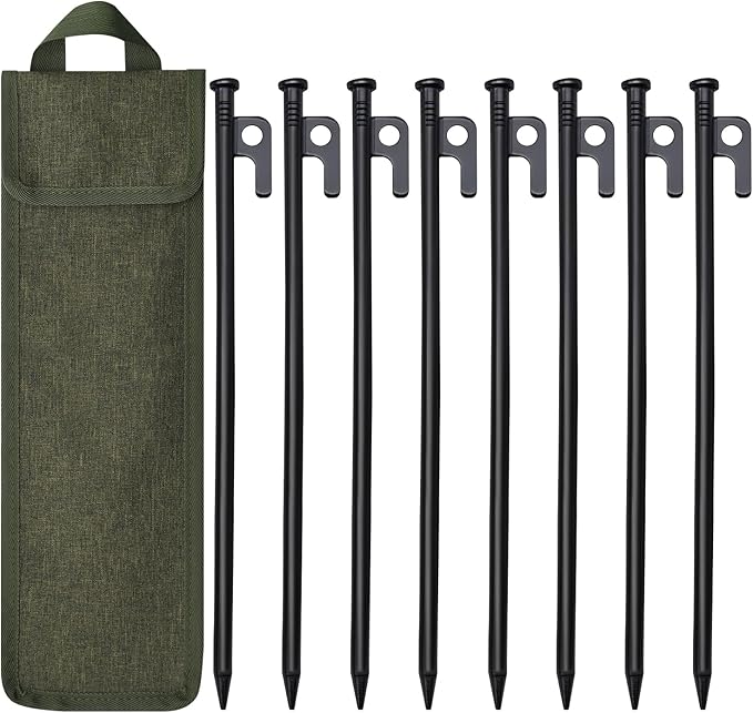 8 Pack Tent Stakes, 12in Tent Stakes Heavy Duty with Storage Bag, Forged Steel Tent Pegs for Camping Unbreakable and Inflexible(8pcs 12in Stakes)