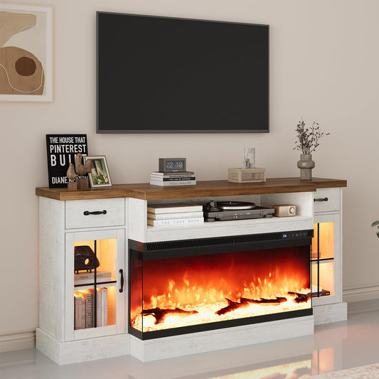 4 EVER WINNER Fireplace TV Stand with 40" Electric Fireplace for 80" TV, 70" Entertainment Center with Adjustable Storage Cabinets, 2 Drawers, TV Consoles for Living Room, White