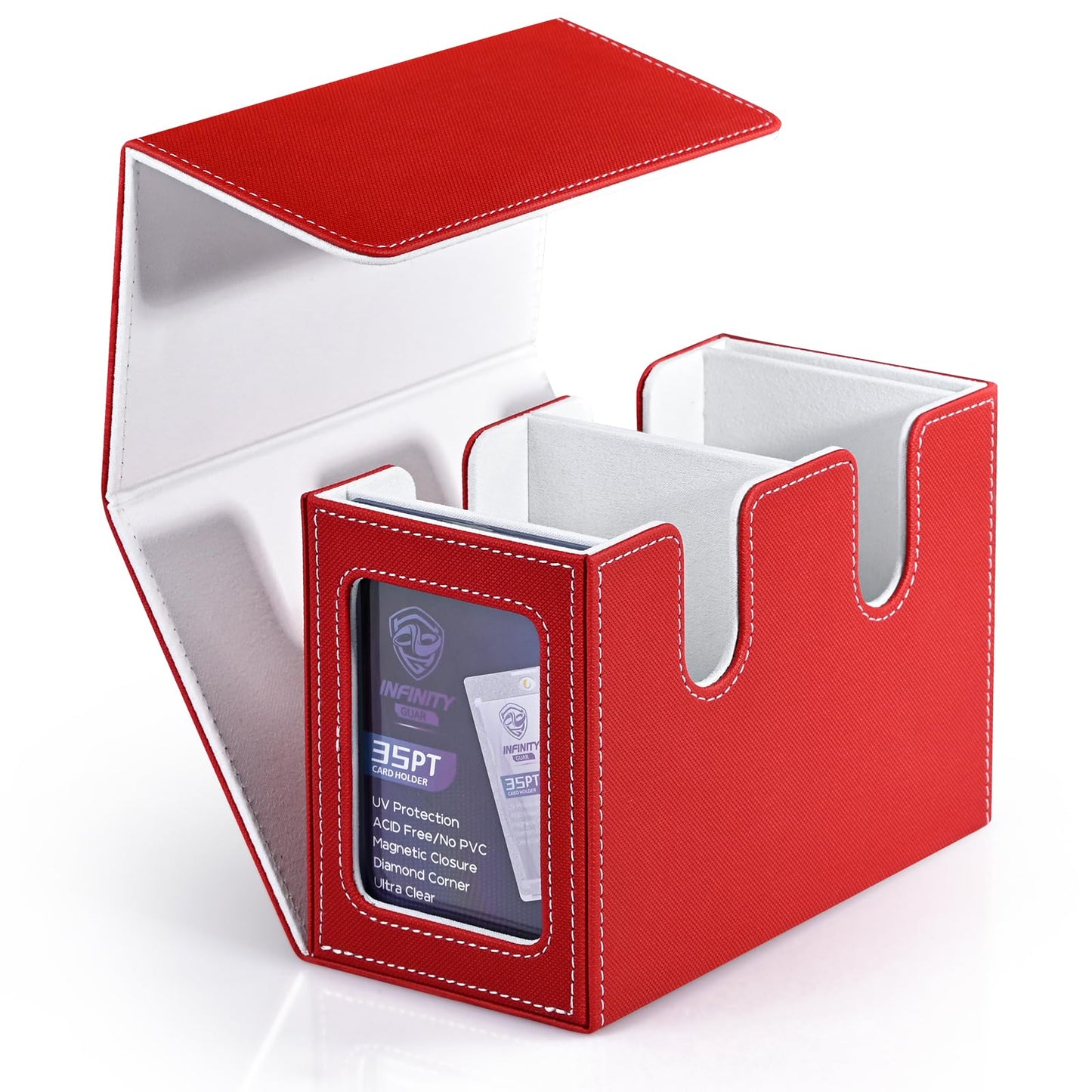 Infinity Guard MTG Deck Box with 2 Commander Display, Double Deck Box for 280+ Single Sleeved Cards, Leather Magnetic Card Storage Box Fits for TCG CCG Magic Cards (Red&White)