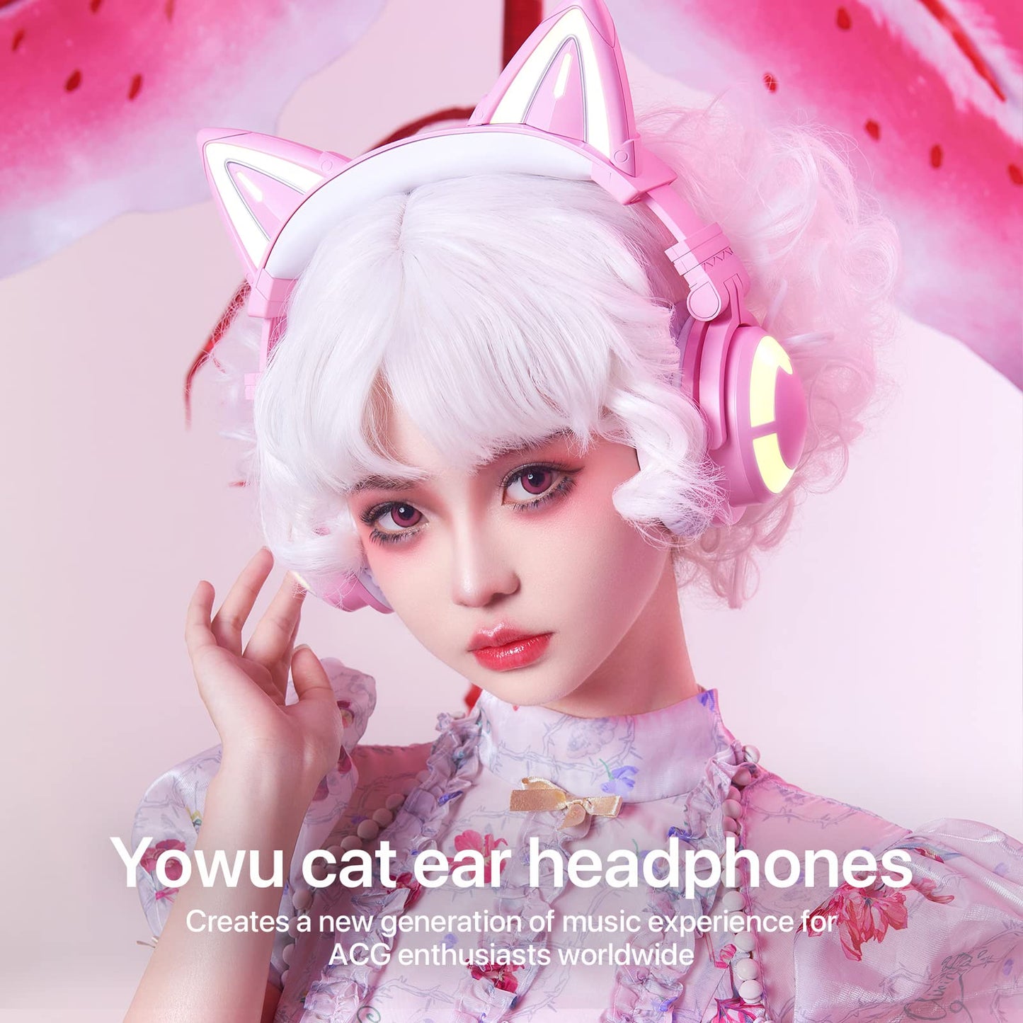 YOWU Cat Ear Headphones 3G, Headphones Over Ear, RGB Wireless/Wired 5.0 Foldable Gaming Headset with 7.1 Surround Sound, Built-in Mic & Customizable Lighting and Effect via APP(Pink)