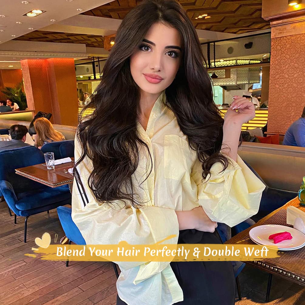 2PCS 14 Inch Clip in Hair Extensions Real Human Hair, Soft and Natural Hair Extensions Clip ins, Dark Brown Remy Hair Extensions Clip in Human Hair Straight Double Weft Hair Extensions for Women