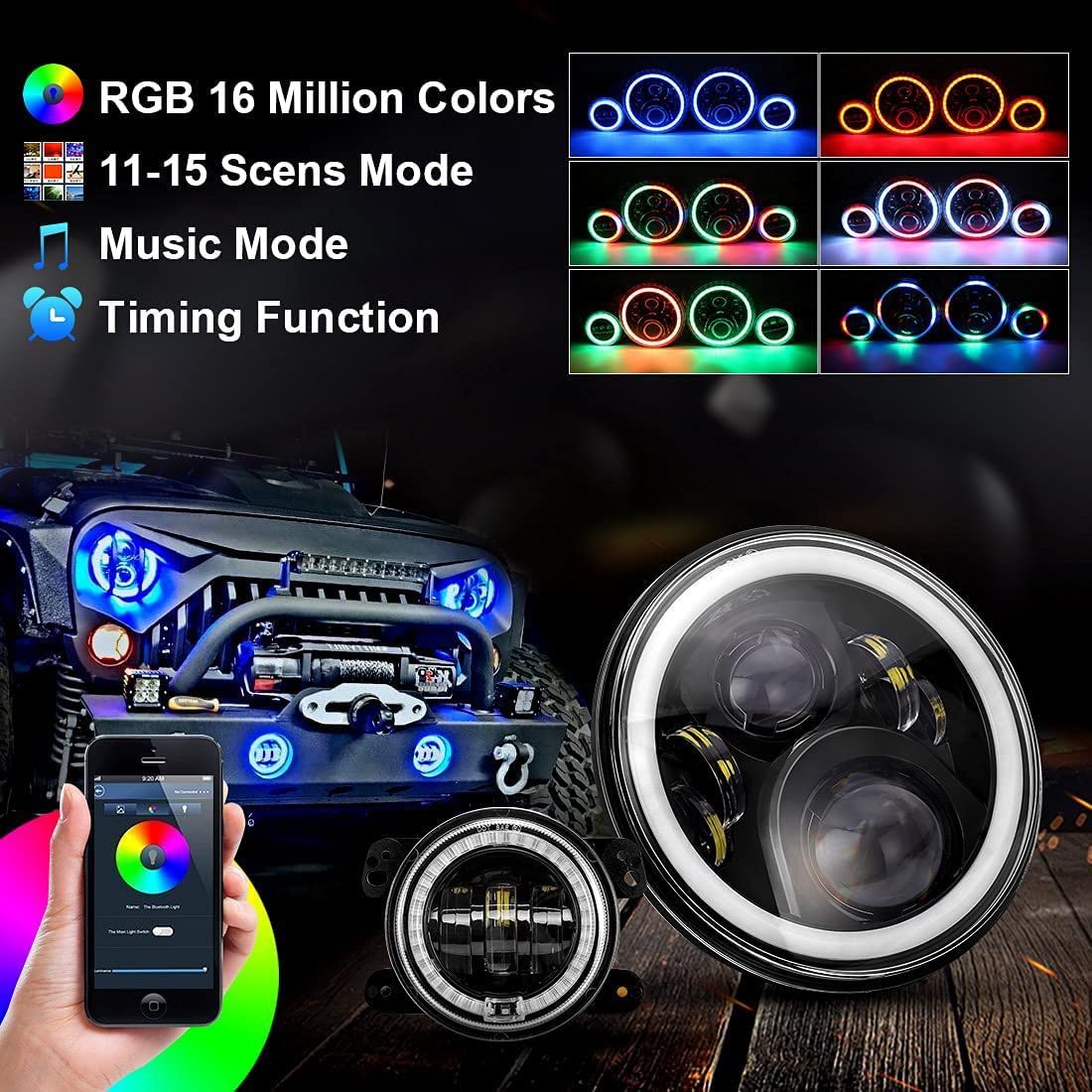 ZiopGTob 7" Inch RGB Halo Headlights & 4" Fog Lights Combo Headlamp Assembly Dual Controlled RGB Light Kits Compatible with 2007-2018 Jeep Wrangler JK JKU