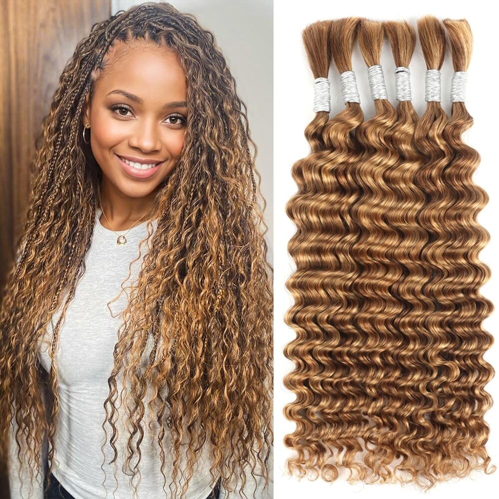 Brown Braiding Hair Human Hair 20 Inch 6 Bundles Deep Wave Human Hair Braiding hair No Weft Brazilian Virgin Curly Human Braiding Hair Extensions for Boho Braids 150g 27/30#