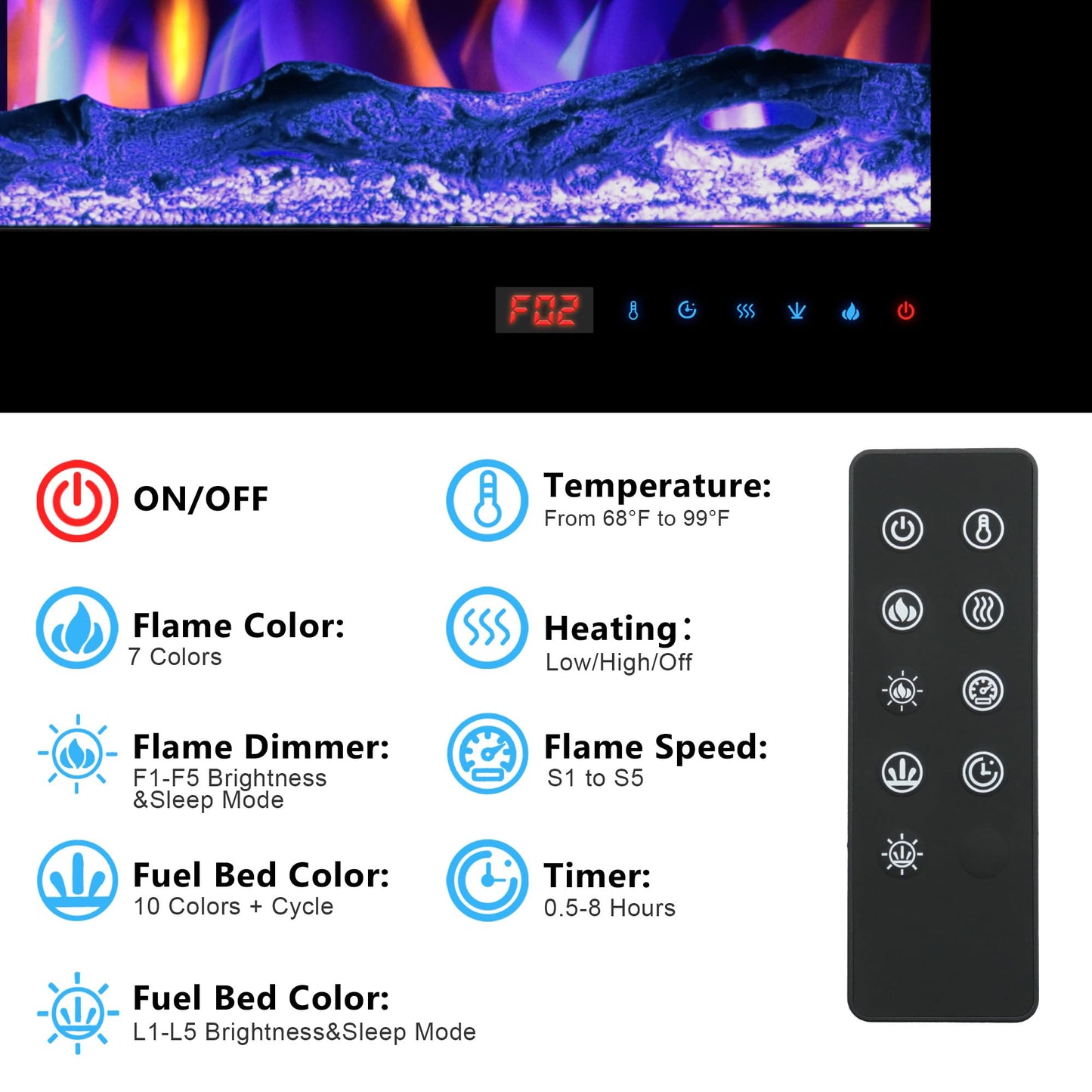 Kentsky 48" Electric Fireplace, Wall Mounted & Insert Electric Fireplace, W/Mixed Color Flame, Adjustable Brightness & Speed, 0-8H Timer, Thermostat, 750w/1500w, Balck