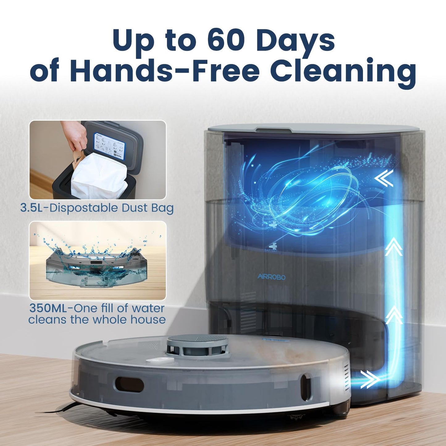 AIRROBO T25+ Robot Vacuum and Mop Combo, 5500Pa Suction, Pet Area Smart Boost, Carpet Detection, Tangle-Free Brush, LDS Mapping, APP Control, 3.5L Self-Empty Bin for Hard Floors, Carpets, Pet Hair