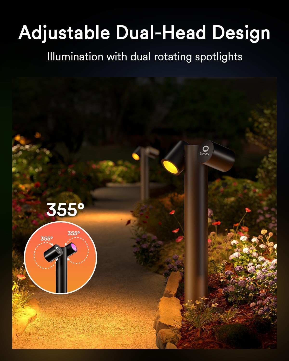 Lumary Smart Pathway Light Pro 700LM, RGBAICW Color Changing Landscape Lights with 8 Adjustable 355° Spot Lights IP65 Waterproof, 48FT Wired Outdoor Landscape Lighting, WiFi APP/Voice/Remote (4 Pack)