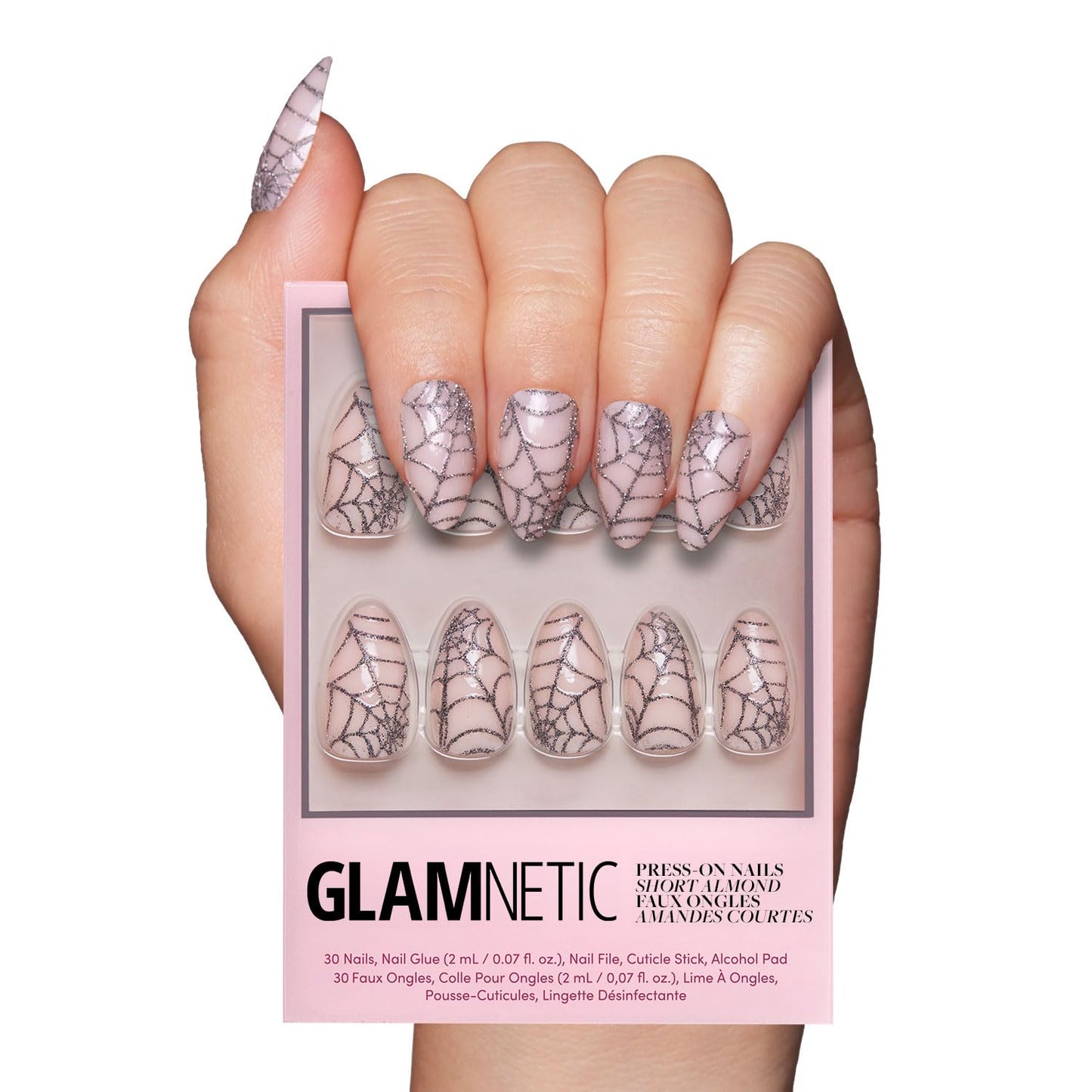 Glamnetic Press On Nails - Lady Web | Semi-Transparent Glitter Spiderweb Short Almond False Halloween Nails, Reusable Stick On Fake Nails with Glue | Salon Quality | 15 Sizes - 30 Nail Kit