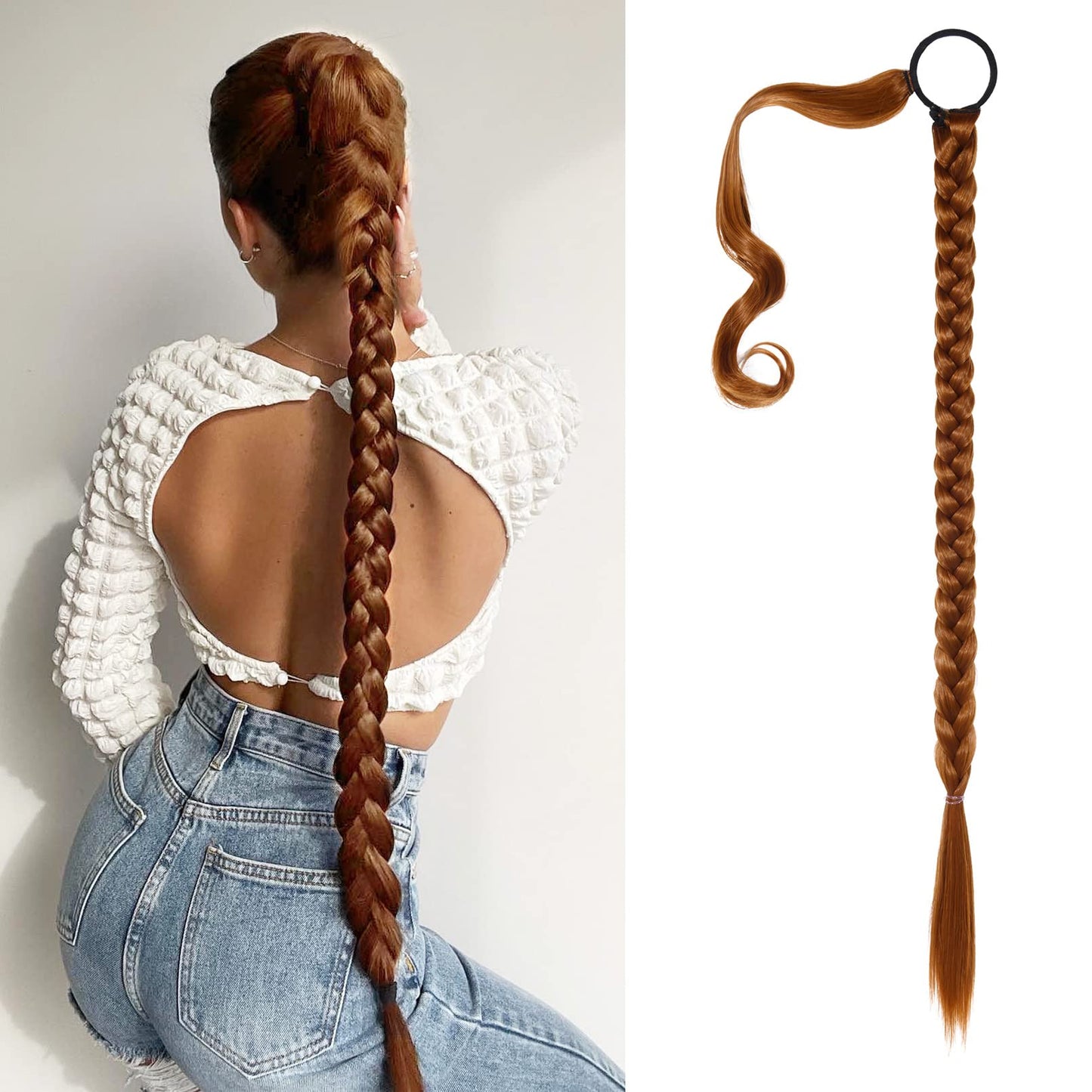 SEIKEA Upgraded Long Braid Ponytail Extension with Elastic Tie Straight Sleek Wrap Around Braid Hair Extensions Ponytail Copper Red 34 Inch (After Braided 30 Inch)