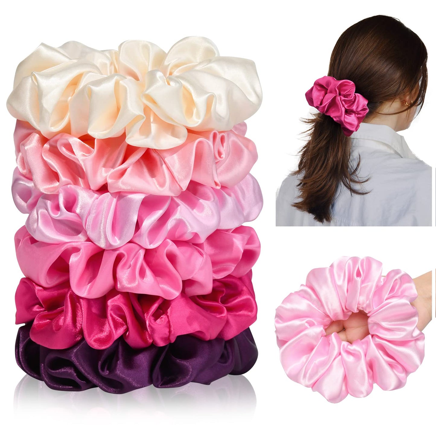 CEELGON Large Silk Satin Scrunchies for Women Big Scrunchies Jumbo Satin Hair Ties Oversized Hair Scrunchies for Thick Curly Hair Pack of 6 (Pink)