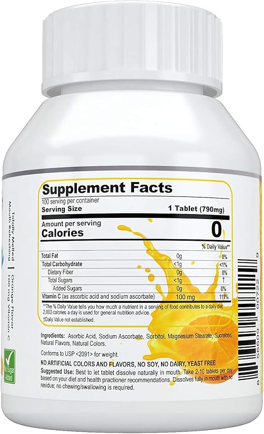 Vitamin C 100 mg Buccal Lozenge Tablets – Slow-Dissolving, Controlled Release & Fast Absorption, Natural Orange, Immune Boost, Antioxidant & Anti-Aging, Sugar-Free, 100 CT