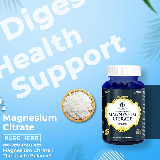 Biovitalia Magnesium Citrate Supplement for Sleep Heart Health Cognitive Health Bone Health Energy Muscles & Metabolism with Premium Magnesium - 60 Vegan 1000mg Capsules