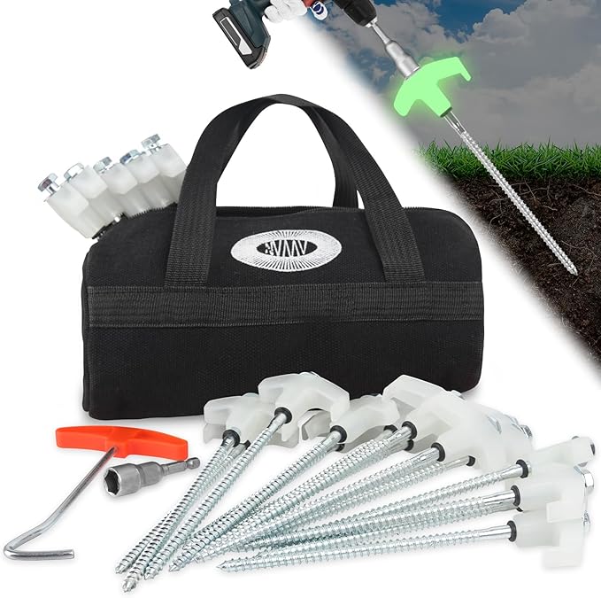 20 Pcs 8" Heavy Duty Screw-in Tent Stakes with Storage Bag, Glow-in-The-Dark Ground Anchor Peg, Metal Threaded Drillable Tent Stake for Camping Swing Canopies, with 1 Hex Nut Driver, Peg Puller