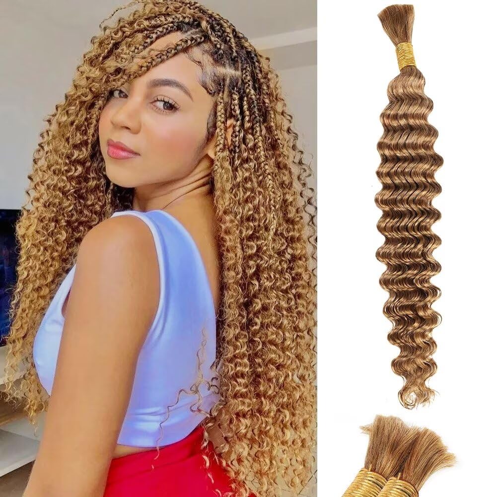 Blonde Human Braiding Hair Deep Water Wave Bulk Human Hair 50g 20 Inch Color 27 Curly Human Hair for Boho Braids Hair Extensions No Weft 1 Braids Per Pack Wet and Wavy Human Hair Braiding Hair