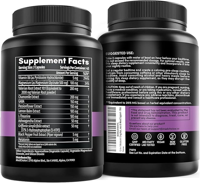 12-in-1 Melatonin Sleep Capsules - Natural Sleep Aids for Adults with Melatonin 5mg and Magnesium Glycinate 500mg, Sleep Aid with Ashwagandha, L Theanine, Valerian Root, GABA, 5-HTP (90ct, Pack of 3)