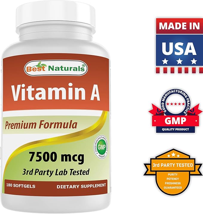 Best Naturals Vitamin A 25000 IU (7500 mcg), Non-GMO Formula Supports Healthy Vision & Immune System and Healthy Growth & Reproduction, 180 Softgels (180 Count (Pack of 1))