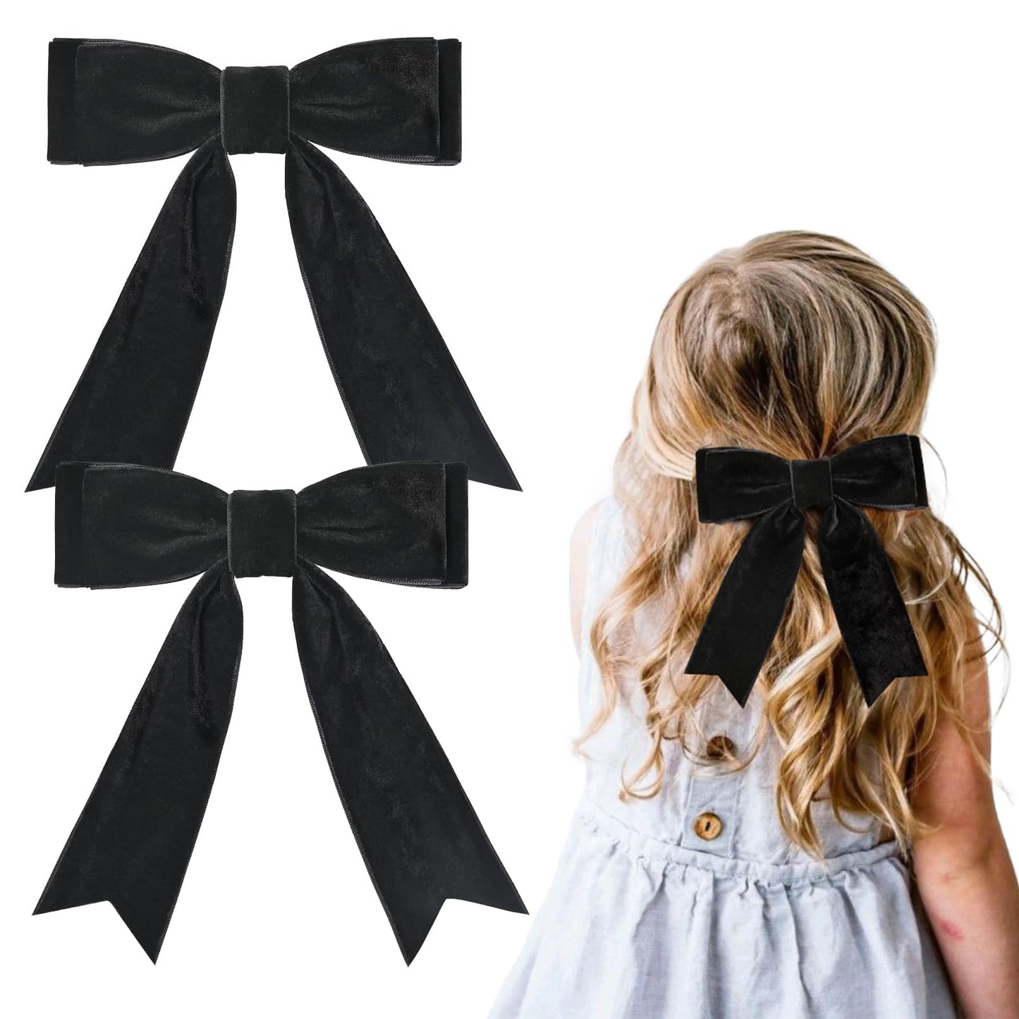 2Pcs 5'' Velvet Black Hair Bows Girls Hair Clips Ponytail Holder Accessories For Girls Toddlers