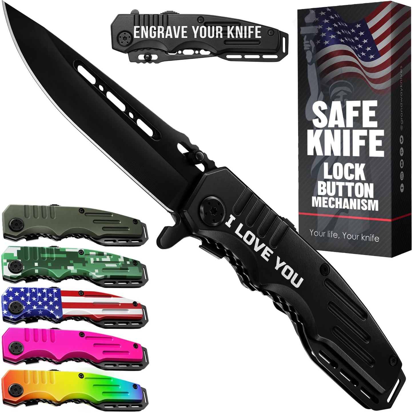 Grand Way Pocket Knife I LOVE YOU - Folding Knife with Engraved Aluminum Handle - 3.42” Blade Cool Knives for Dad Husband Boyfriend - Ideal Father's Day Present - Best Gift for Him & Her 6681 ILY