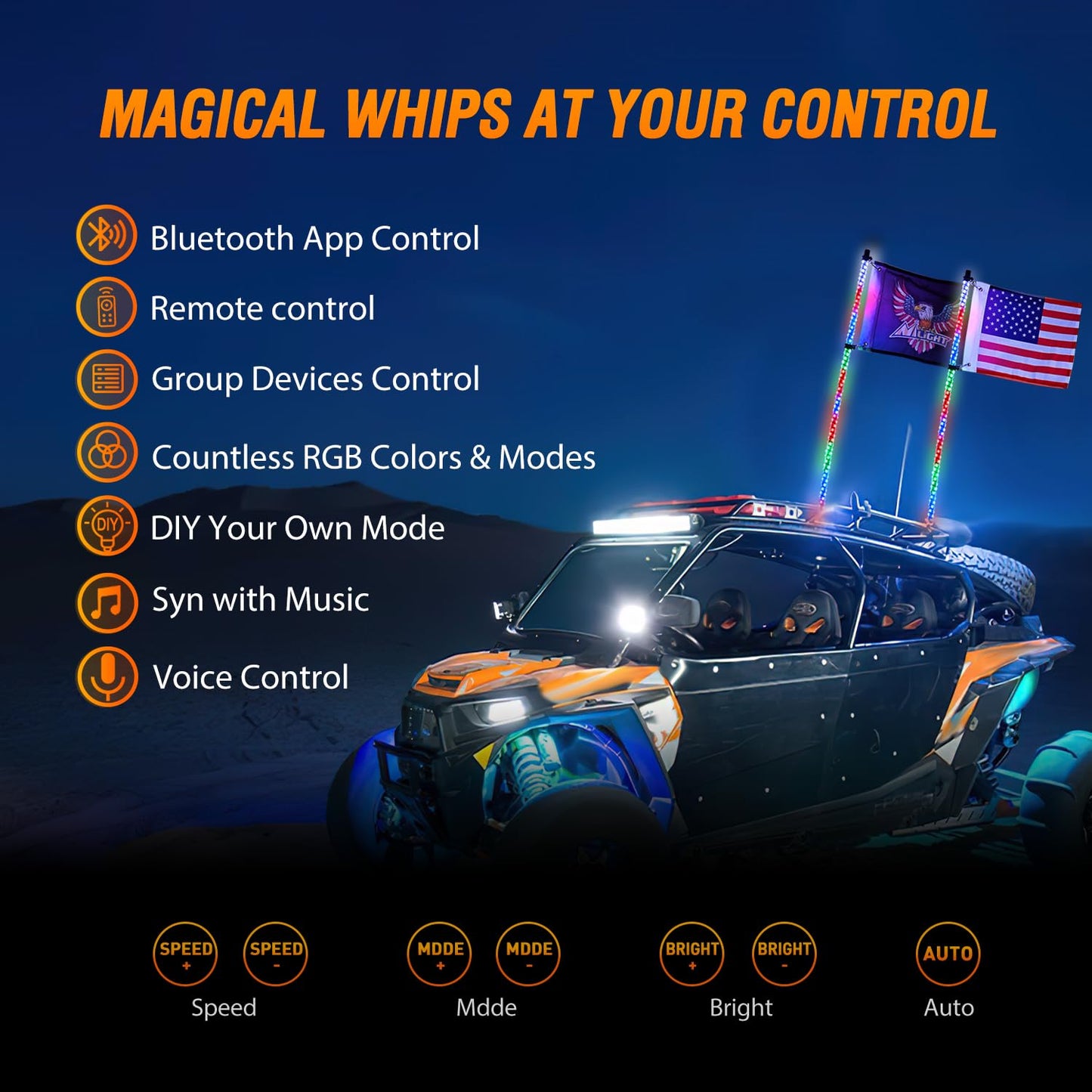 Nilight 2PCS 3FT RGB LED Whip Light with Spring Base Remote App Control w/DIY Chasing Patterns Turn Signal & Brake Lights for ATV UTV Polaris RZR Can-am Dune Buggy Jeep