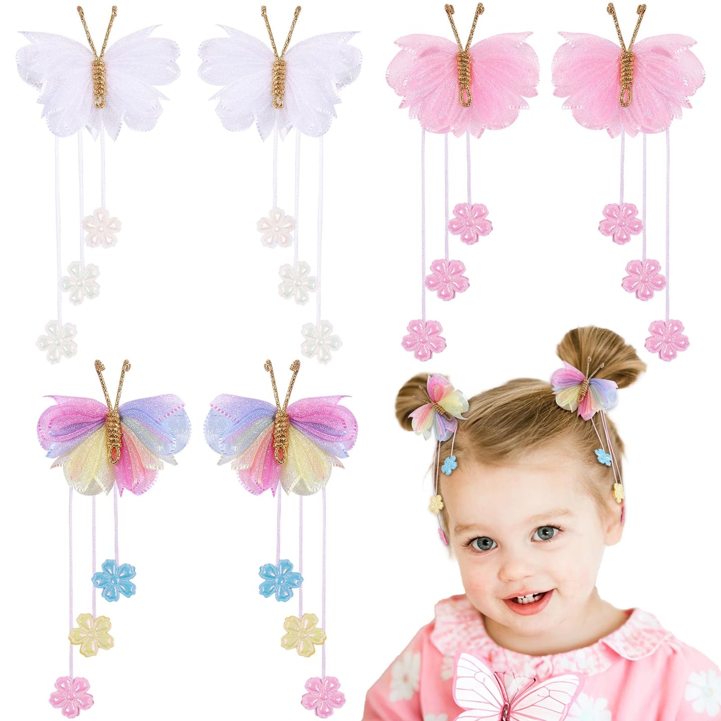 OAOLEER 6PCS Hair Bows for Girls, Butterfly Hair Accessories for Girls Tulle Bows With Alligator Clips Girl Hair Accessories for Kids Teen Back to School (Butterfly Bows)