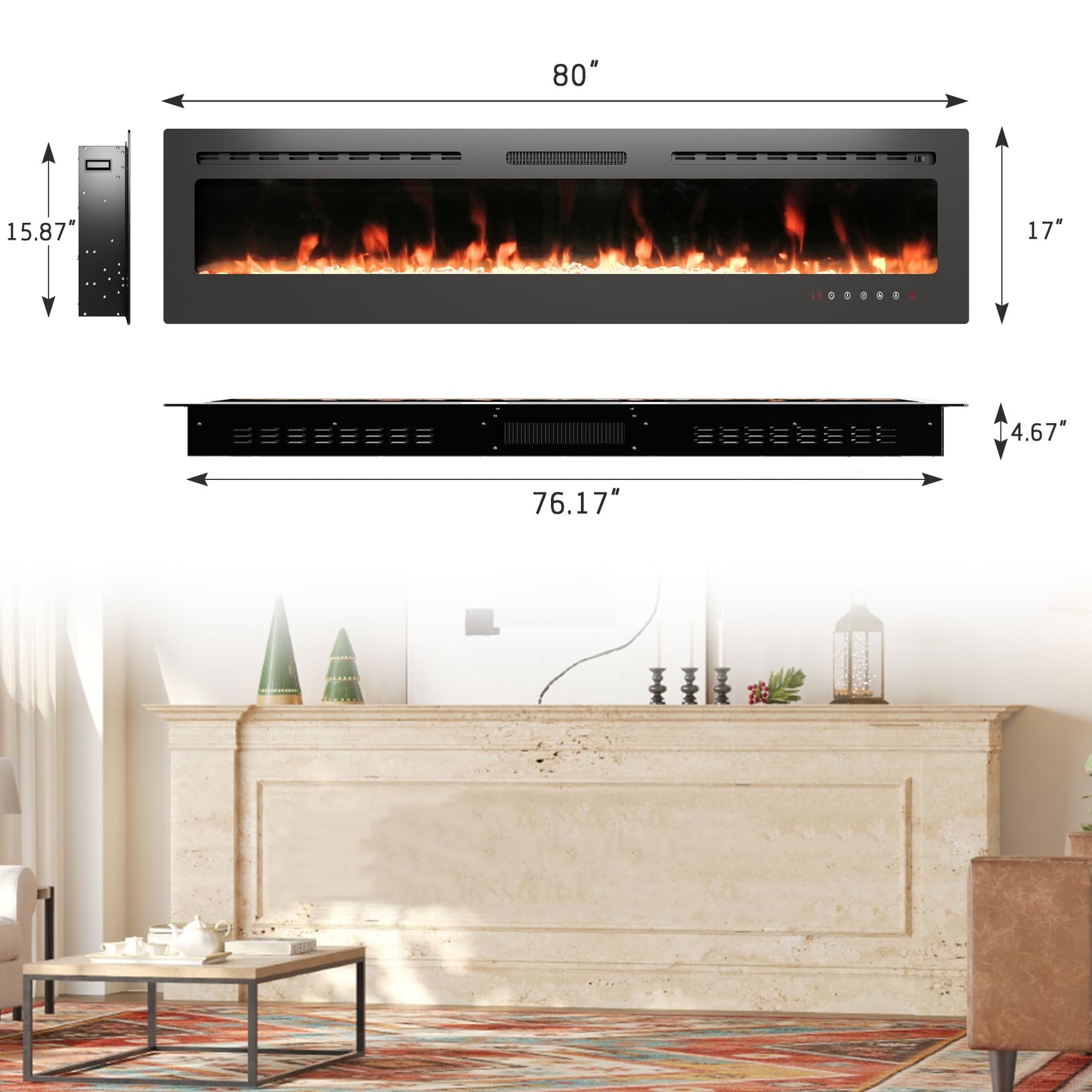 HOMTHING 80" Electric Fireplace Wall Mounted & Recessed, 750W/1500W Adjustable Heater with Remote & Touch Control, 8H Timer, Quiet Operation Electric Fire Place for Living Room Bedroom (Black)