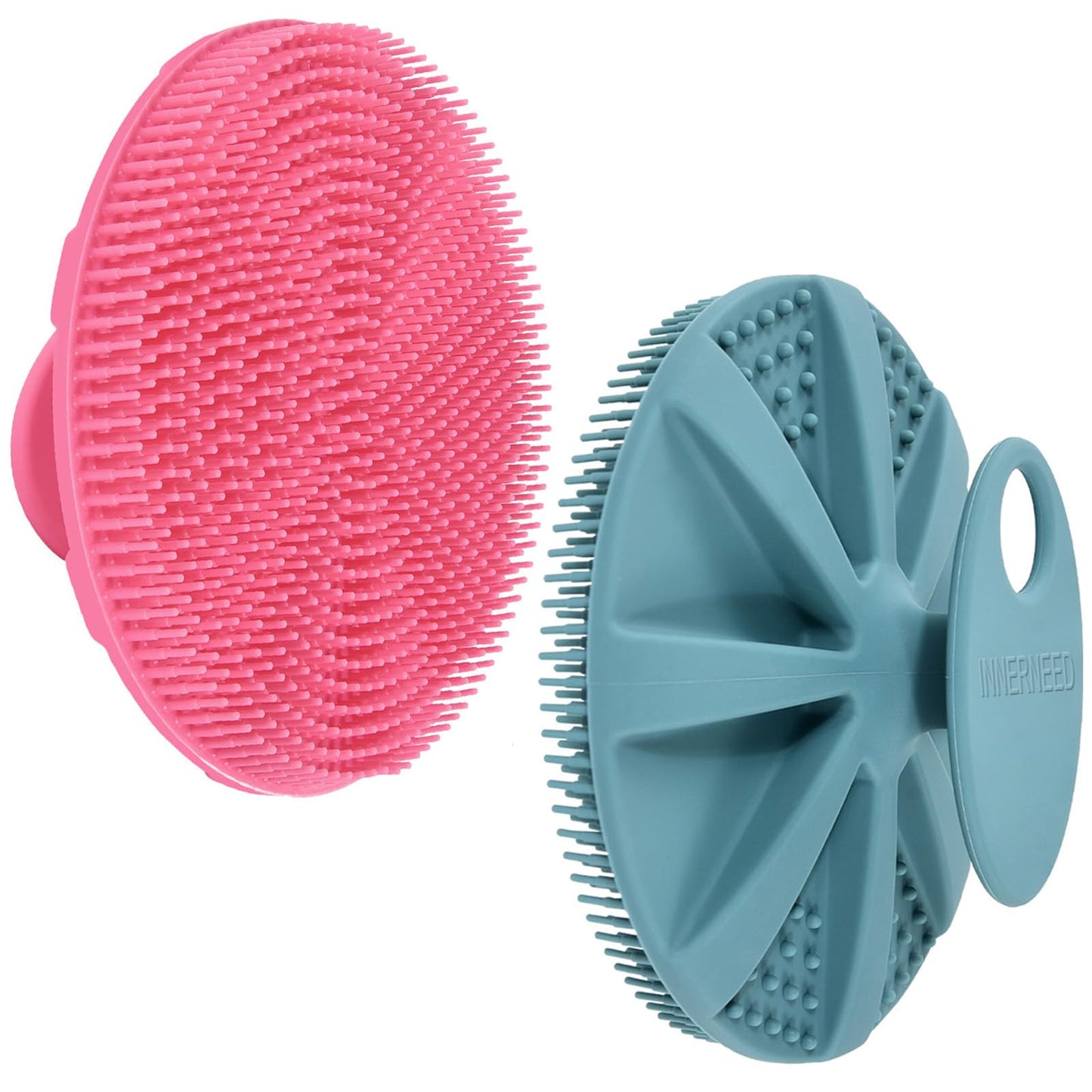 INNERNEED Food-Grade Soft Silicone Body Scrubber Shower Brush Handheld Cleansing Skin Brush, Gentle Exfoliating and Lather Well (Dark Green+Pink)