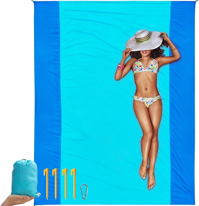 Beach Blanket Sandproof, Extra Large Beach Mat 106'' x 83'' Oversized Big & Compact Travel Mat Quick Drying, Lightweight, Pockets Picnic Mat for Beach, Camping, Hiking