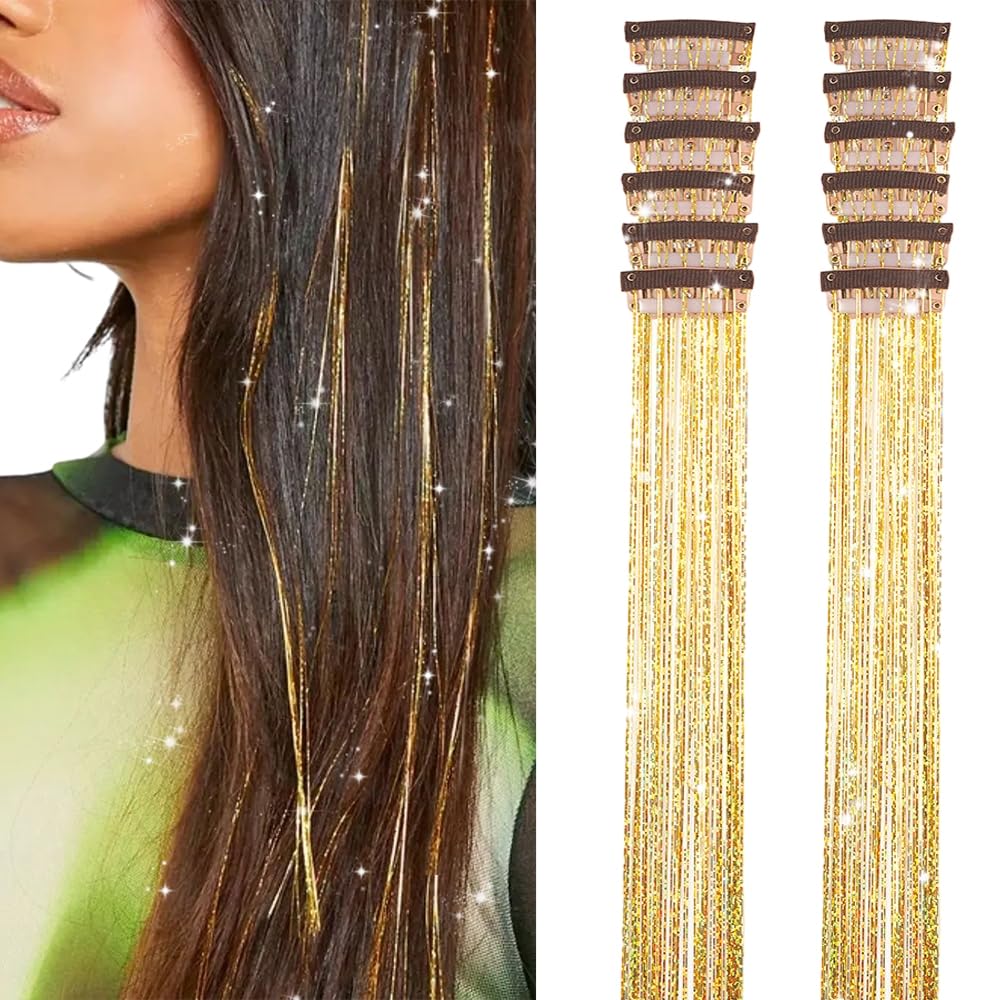Hair Tinsel Pack of 12 Pcs Clip in Hair Tinsel 20 Inch Golden Glitter Tinsel Hair Extensions, Festival Tinsel Fairy Hair Extension Party Dazzle Hair Accessories Strands Kit (12Pcs,Golden#)