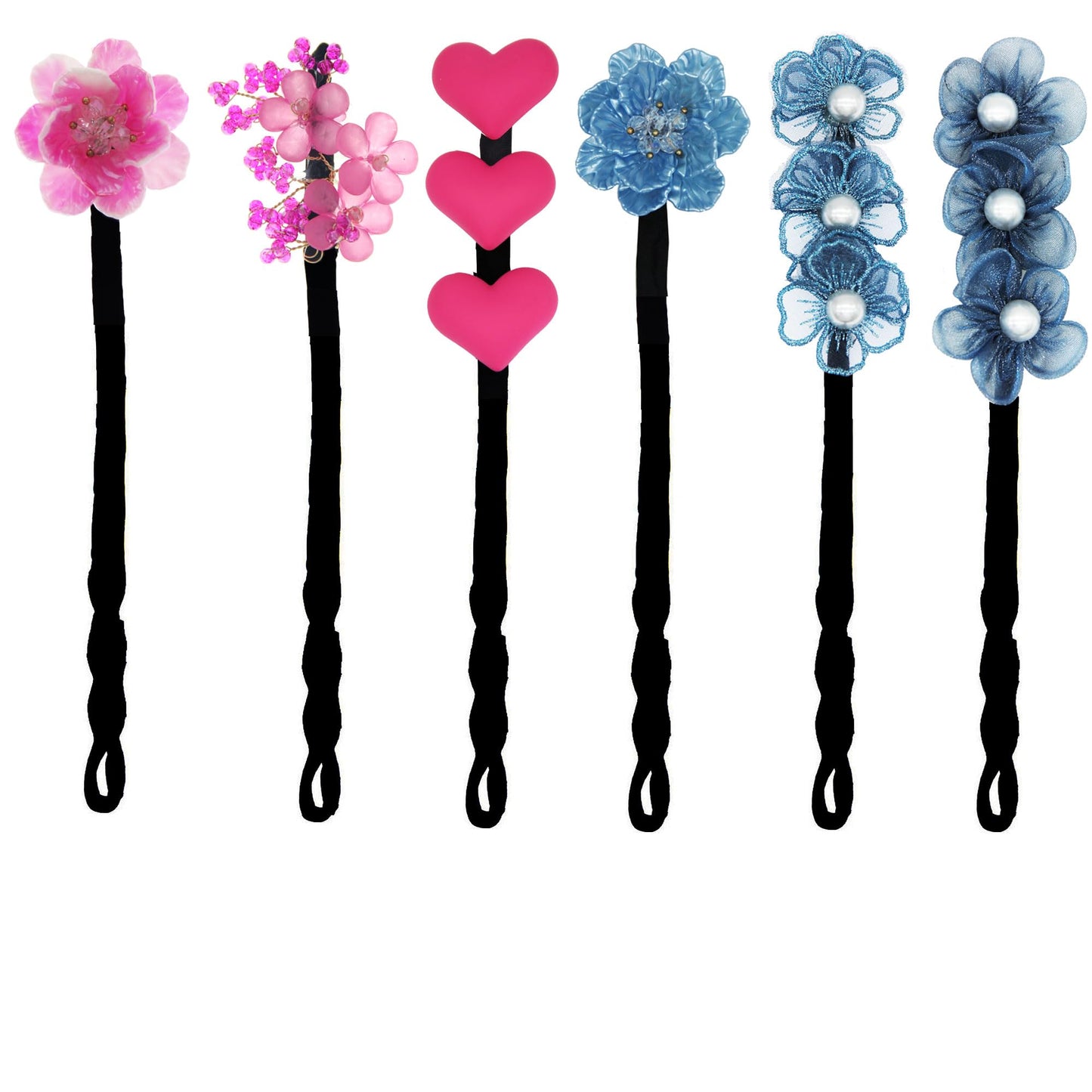 JDXN Shining Flowers Deft Magic Donut French Twist Hairstyle Hair Accessories for Girls (6PCS Pink + Blue Set 3)