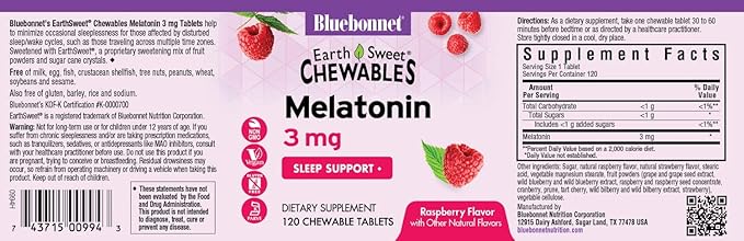Bluebonnet Nutrition EarthSweet Melatonin 3 mg Fast-Acting Quick Dissolve Nighttime Relaxation & Restful Sleep Support - Sleep Aid - Gluten-Free, Vegan - Raspberry Flavor - 120 Chewable Tablets