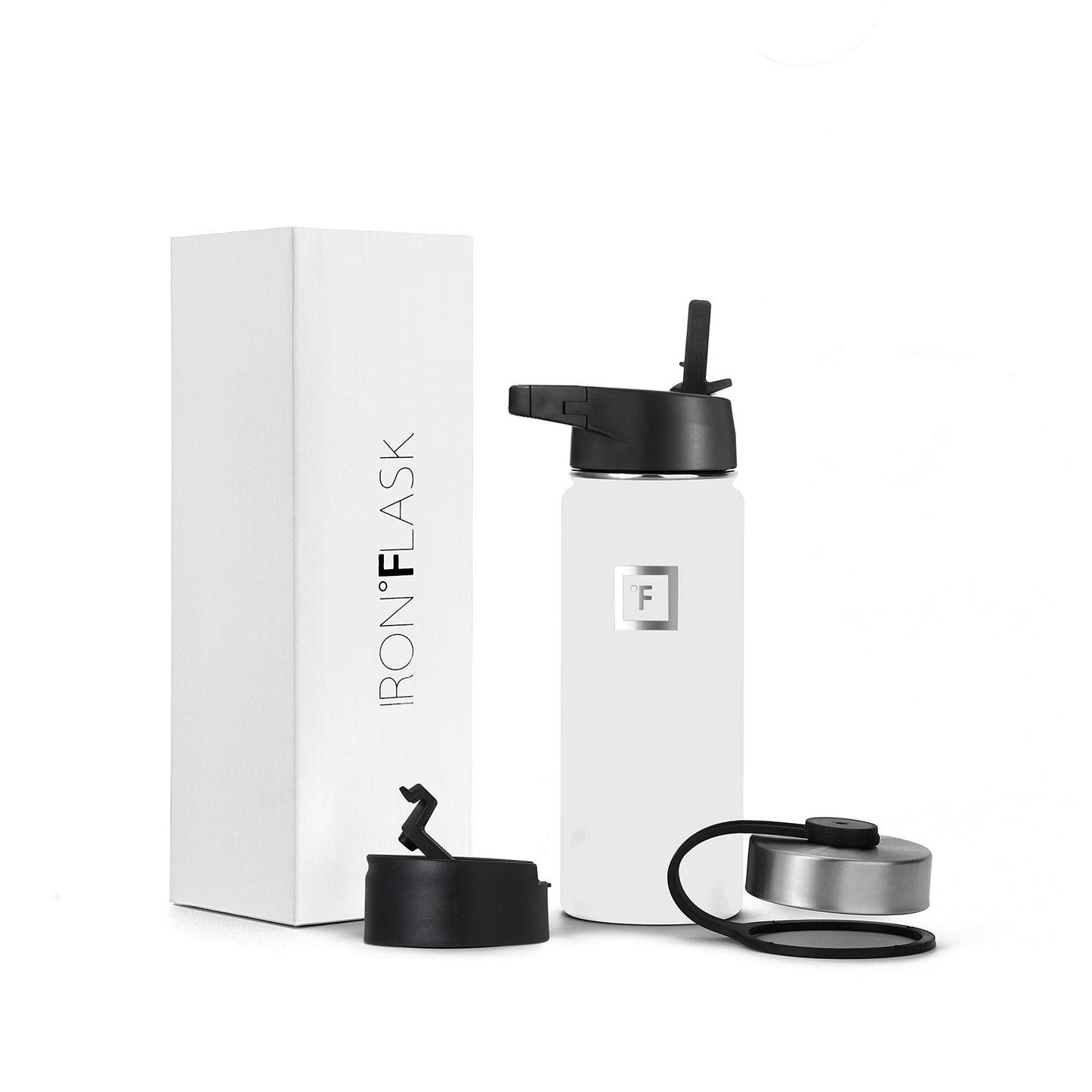 IRON °FLASK Camping & Hiking Hydration Flask, Wide Mouth, 3 Straw Lids, Stainless Steel Outdoor Water Bottle, Double Walled, Insulated Thermos, Metal Canteen - Winter White, 18 Oz