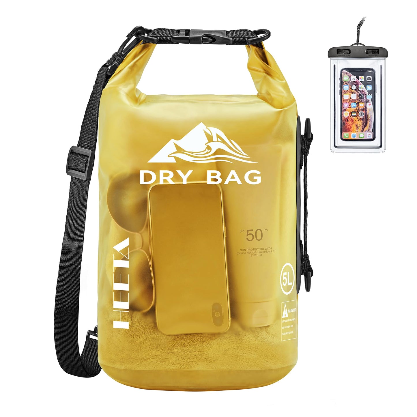 HEETA Waterproof Dry Bag for Women Men, Roll Top Lightweight Dry Storage Bag Backpack with Phone Case for Travel, Swimming, Boating, Kayaking, Camping and Beach, Transparent Yellow 5L