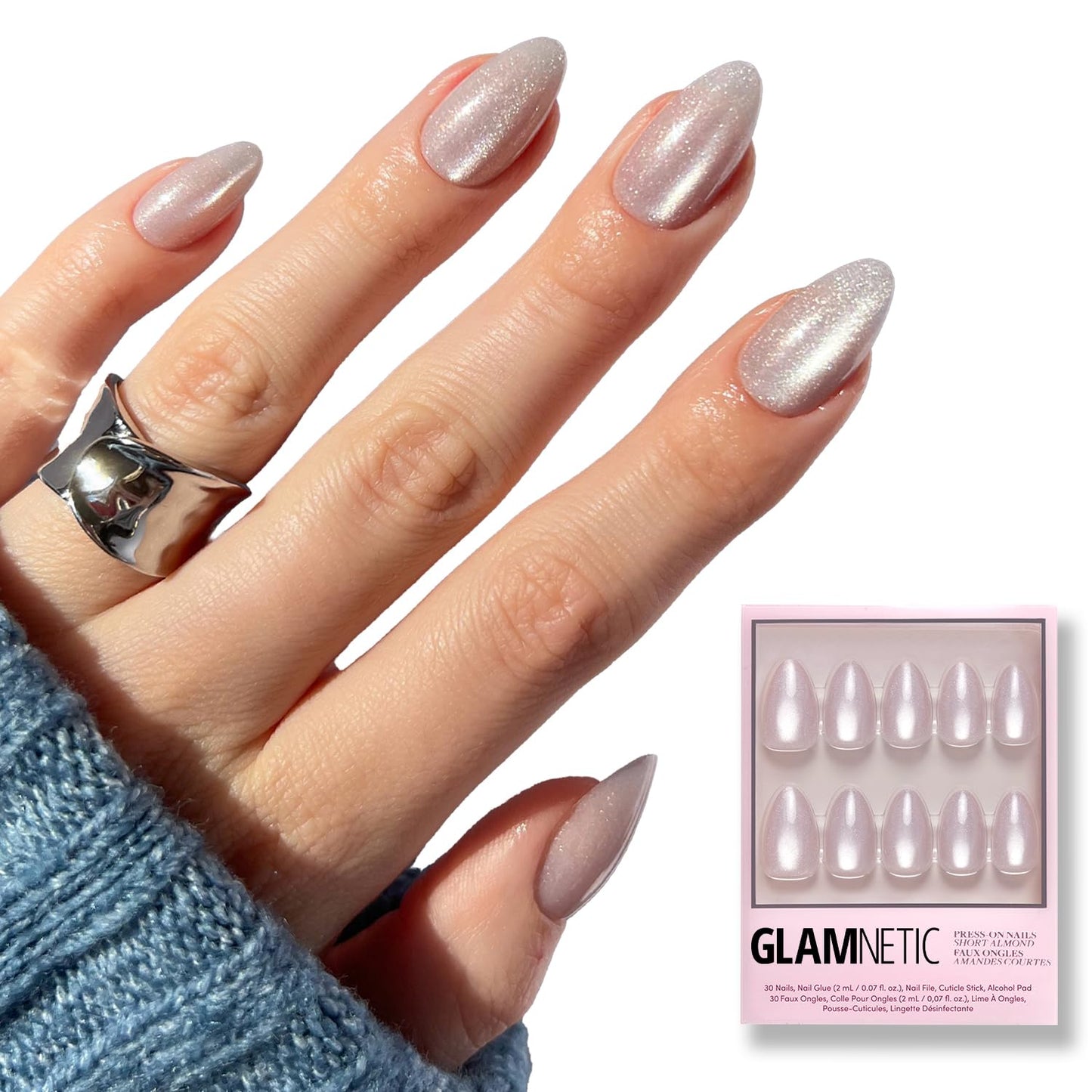 Glamnetic Press On Nails - Selenite | Soft White Sparkle Short Almond Fake Nails with a Glossy Finish, Reusable | 15 Sizes - 30 Nail Kit with Glue