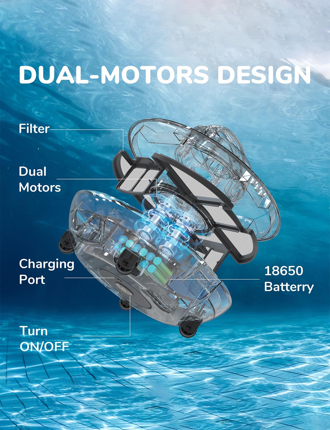 Borcolo Robotic Pool Cleaner, Pool Vacuum for Above Pools with Dual-Drive Motors, Self-Parking Technology for Above-Ground Flat Pools up to 645sq.ft (Lasts 90 Mins)