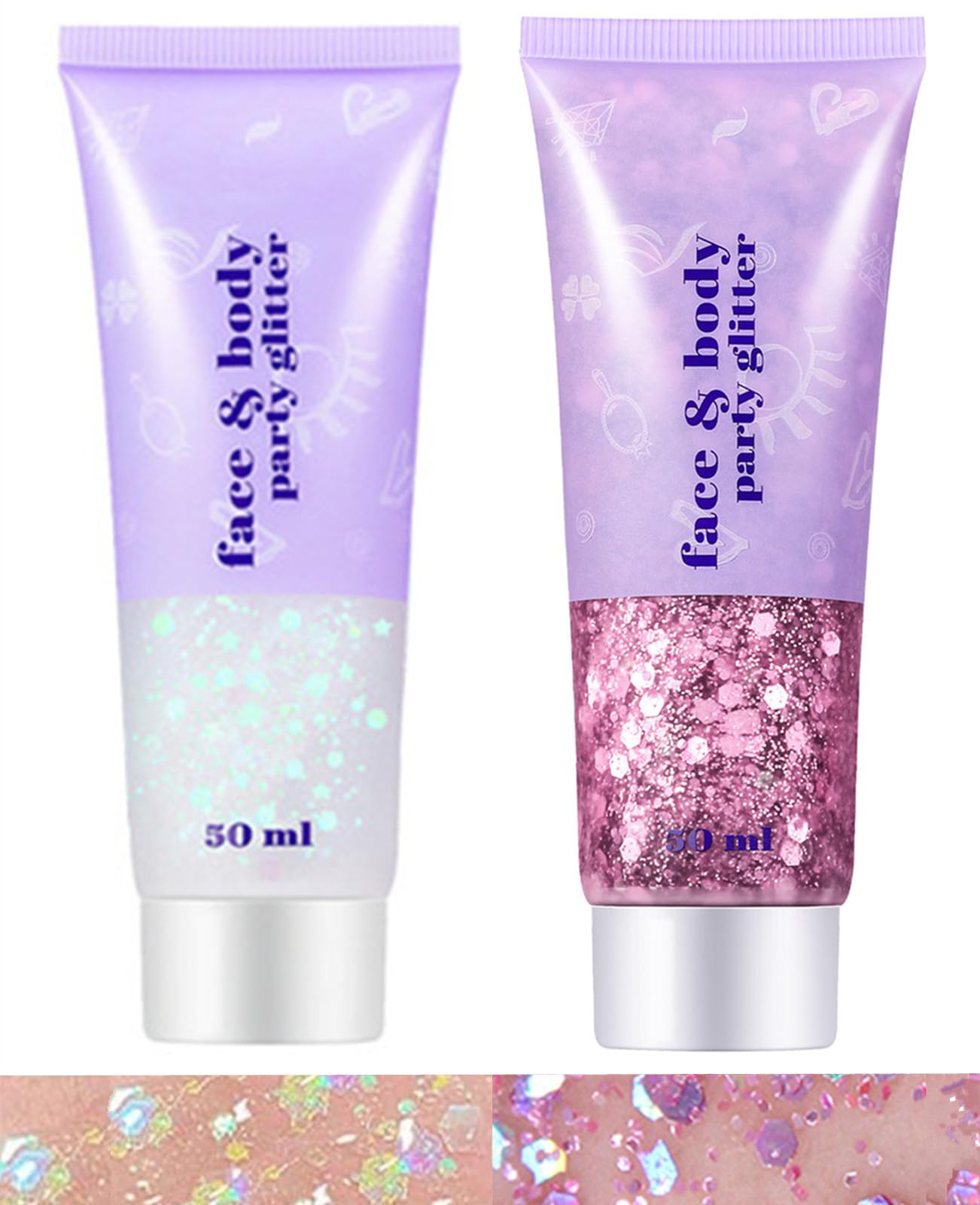 Go Ho Pink and White Body Glitter Set,Singer Concerts Face Glitter Gel Makeup,Holographic Long Lasting Chunky Sequins Glitters for Eye Lip Hair Nails,Festival Rave Accessories,White&Pink