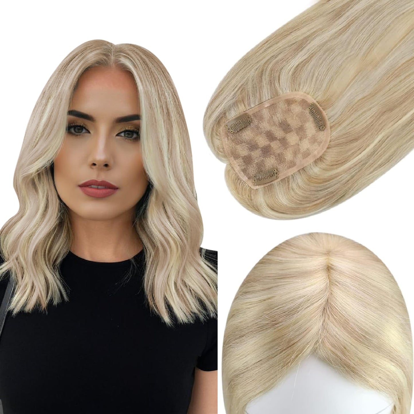 Full Shine Topper Hairpiece Extension Human Hair Silk Base Toupee 3 * 5inch Hair Topper Color 18/613 Blonde Highlight Clip in Topper Human Hair 10Inch Short Hair Piece